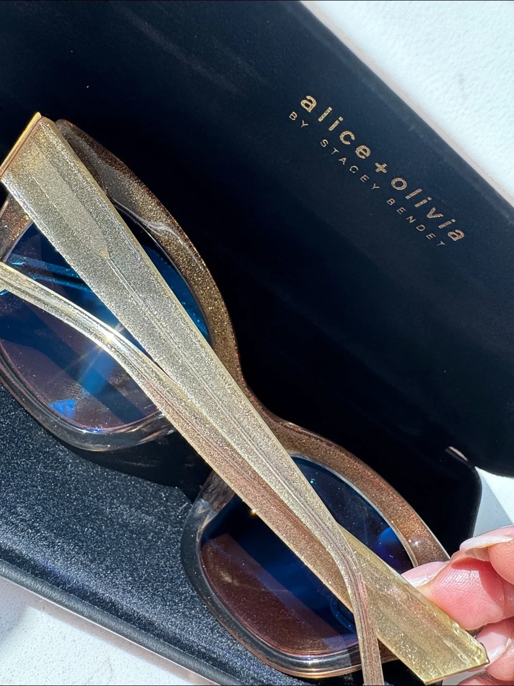 New! Alice + Olivia Champagne Glitter Sunglasses with Brown Lenses and case